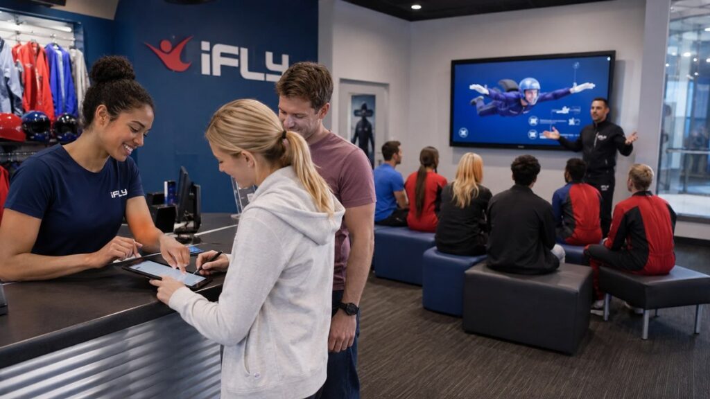 Instrutor orientando participantes antes do voo no iFLY São Paulo