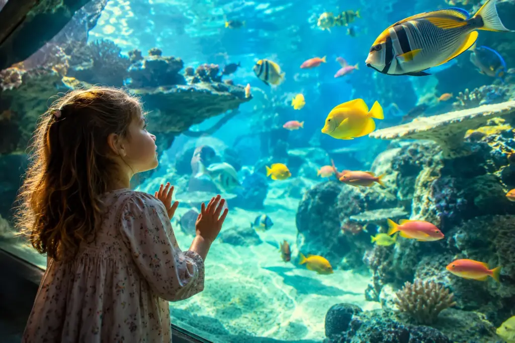 Criança observando peixes — imagem ilustrativa